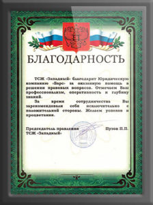 Благодарственное письмо ЮК Барс в Красноярске